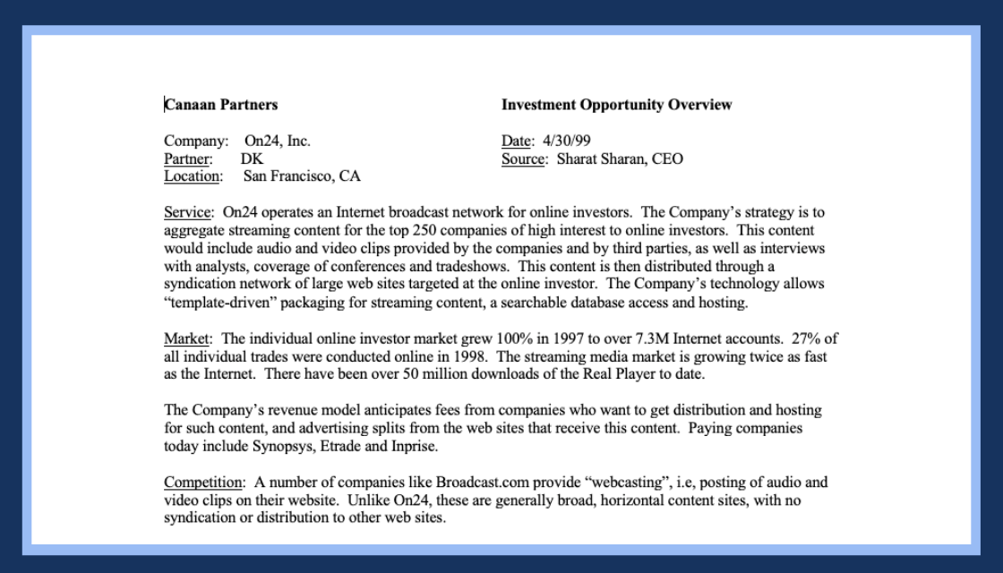 What’s the road from $12M to $3B look like? Here is our investment memo from 1999 for ON24